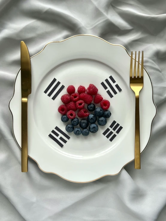 a white plate with gold rim and a white border holding berries and a fork