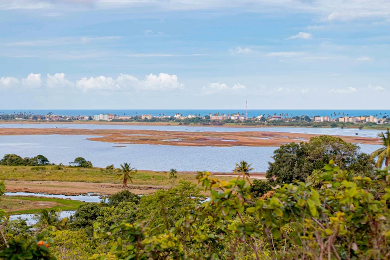 a view of a lake surrounded by trees and land