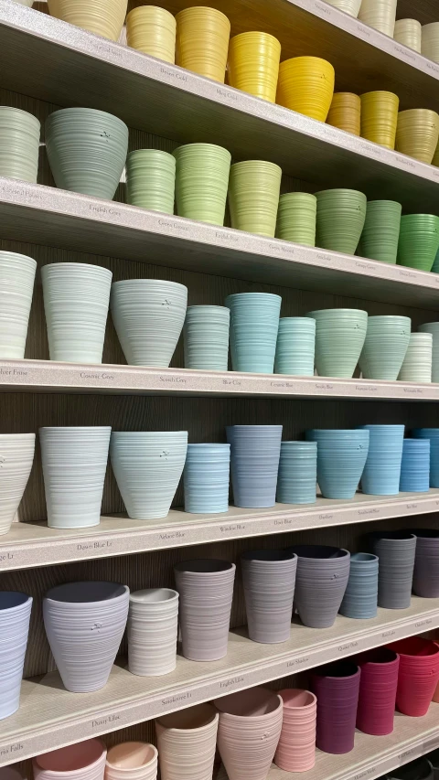 the shelves are lined with bowls in several colors