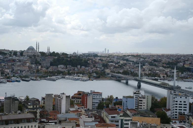 a view from a high up looking down on a river and some buildings