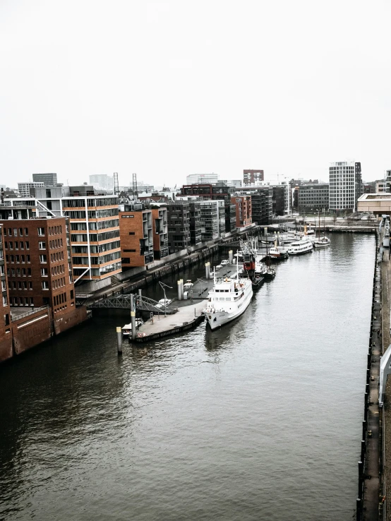 boats are in the water near tall buildings