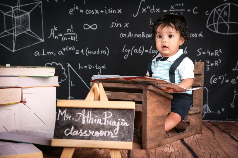 a little child sitting in front of a blackboard