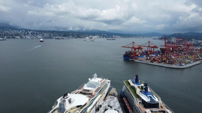 two cruise ships at dock in a large bay