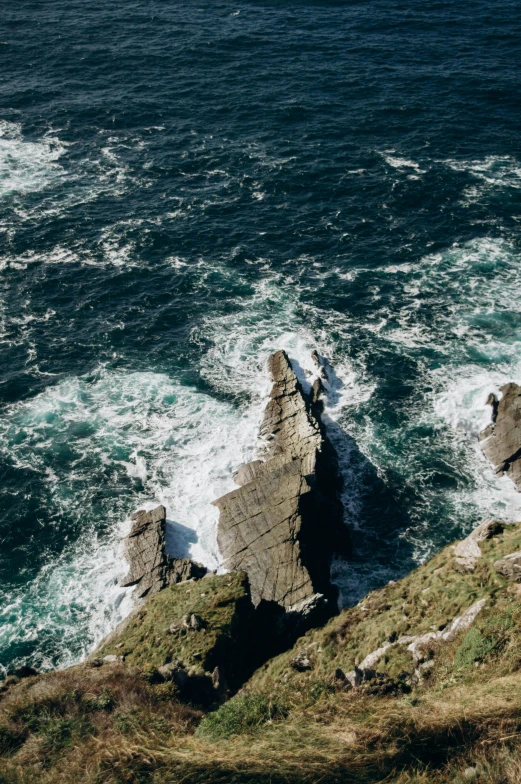 birds are perched on the rocks along the sea shore