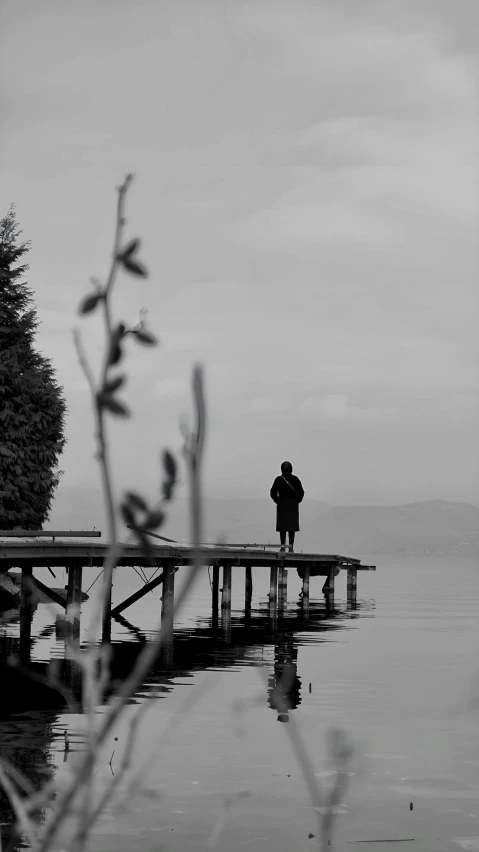 a person is standing on a pier by the water