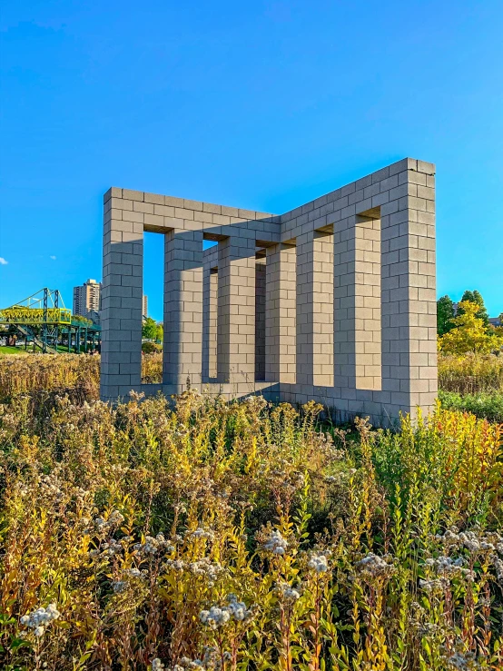 a number of concrete structures in a field with plants