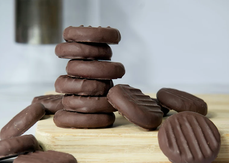 some chocolate biscuits stacked on top of each other