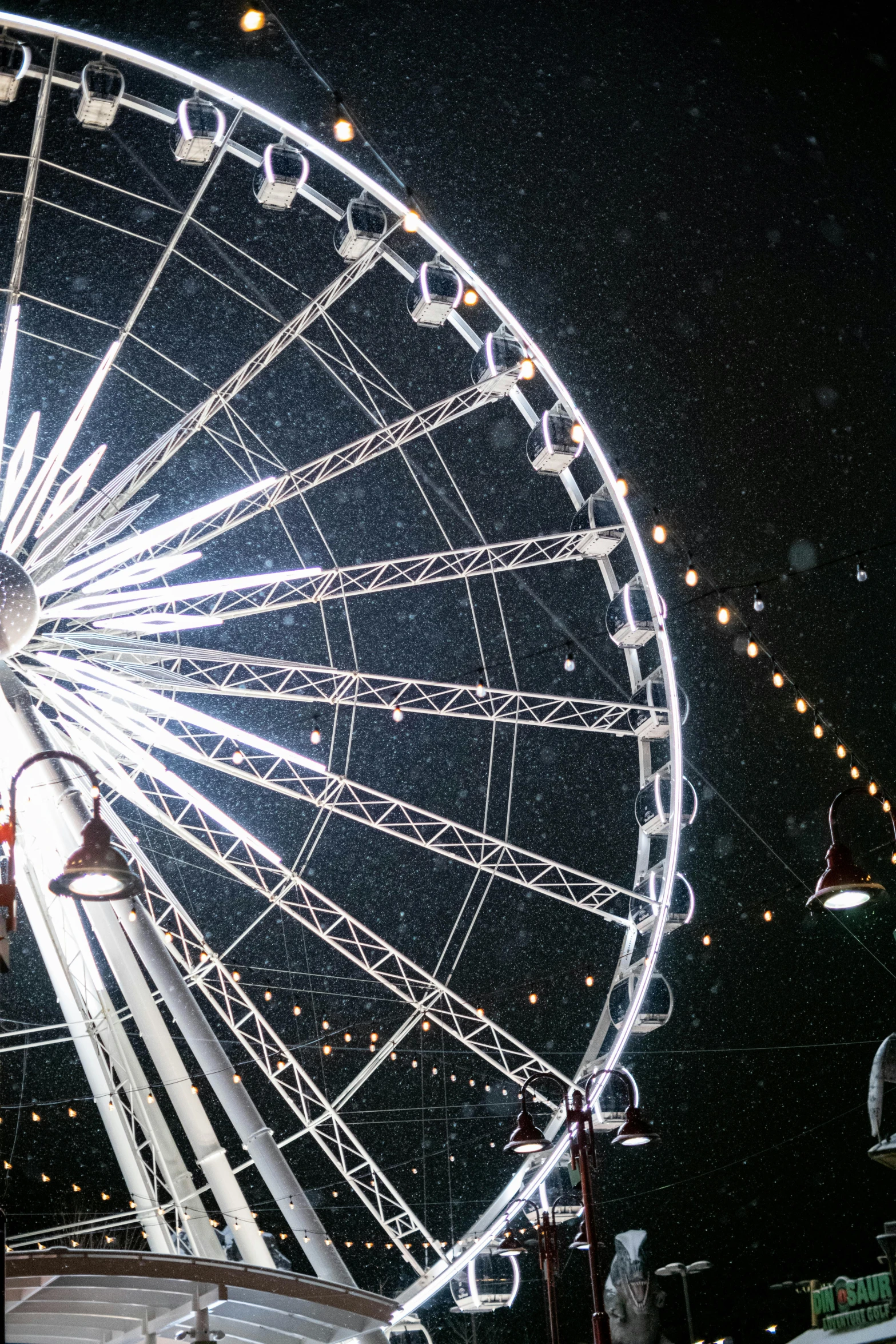 an old ferris wheel illuminated in the snow at night