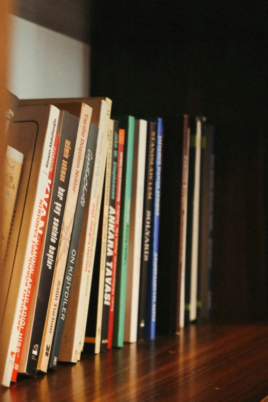 the books are lined up on a shelf