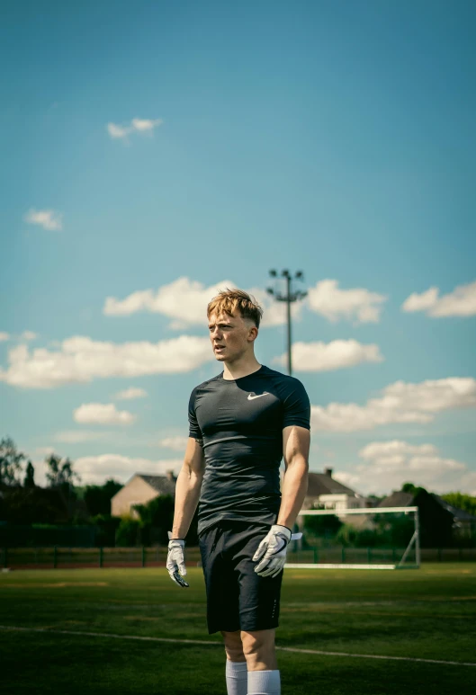 a young man is wearing soccer clothes on the field