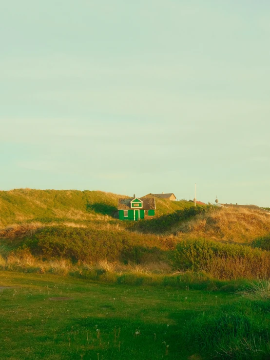 a house on a grassy hill with trees