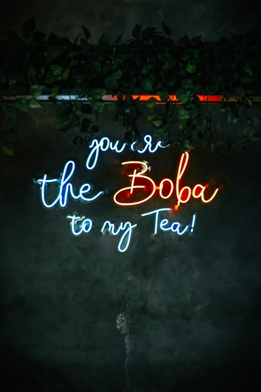 the neon sign is reading you're the boa to my tea