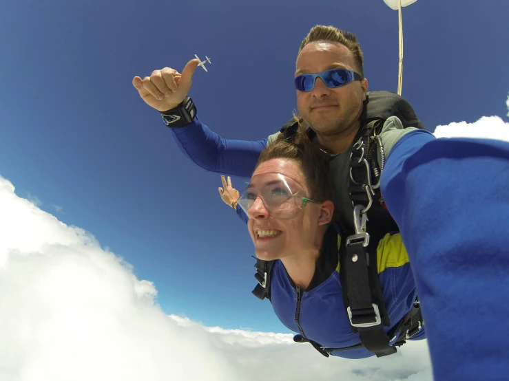 two people dressed in scuba gear and goggles on a skydiving trip