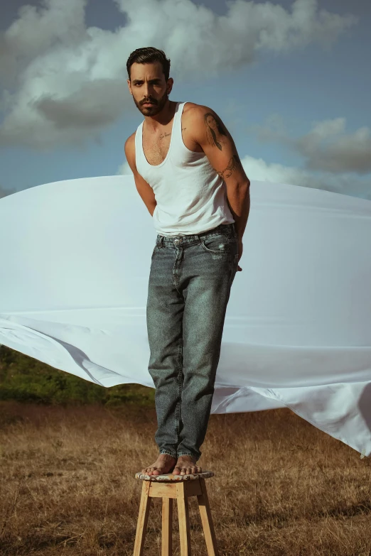 the young man in jeans is posed on a ladder