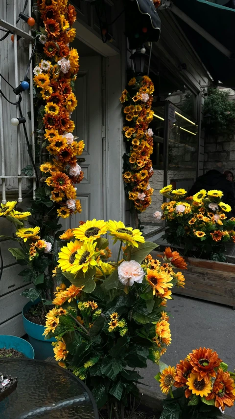 there are many yellow and red flowers in the pots