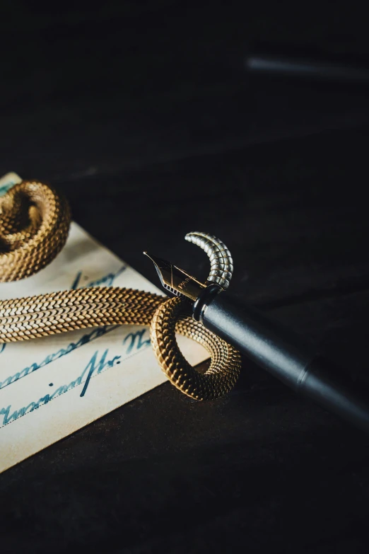 a coiled snake laying on top of a piece of paper