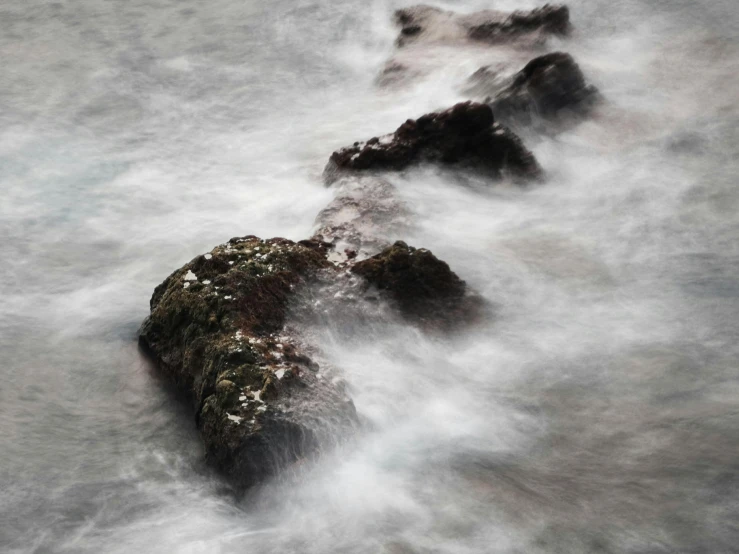 a rock laying on the ground as it runs through water