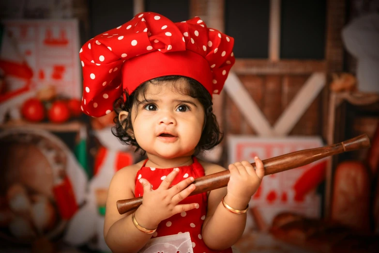 a small child dressed up with a chef hat and holding a rolling pin