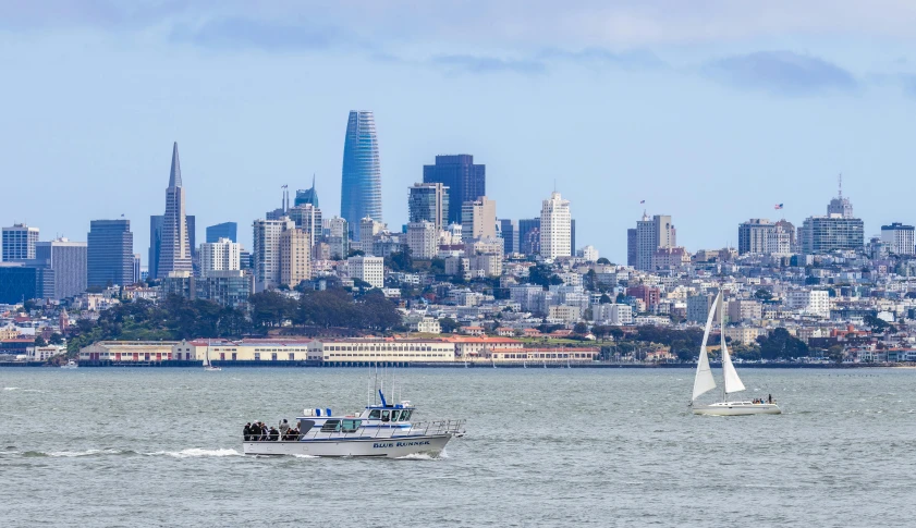 a sail boat is sailing toward a large city