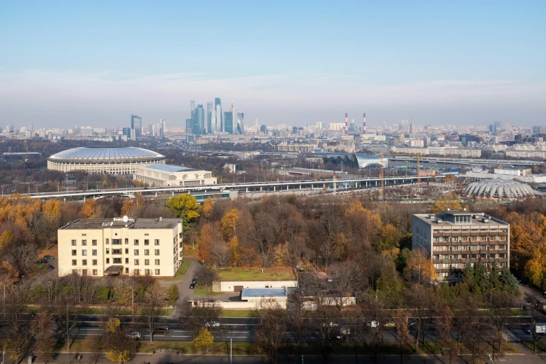 the view from a skyscr overlooks the cityscape