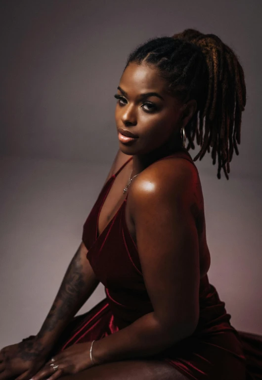 black woman sitting down with long, twistsy hair