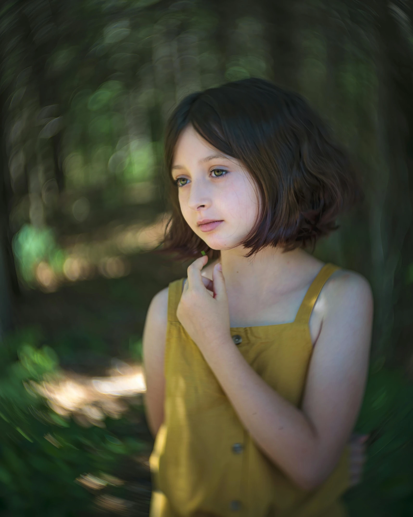  in a wooded area in yellow dress posing for po