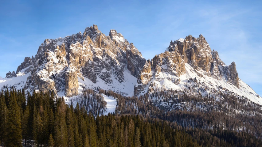 the snow capped mountains are covered in fresh trees