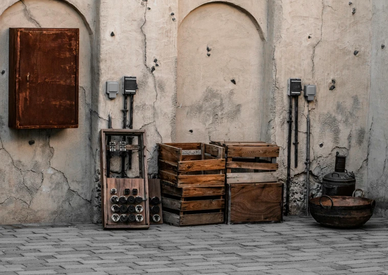 several stacks of wood sitting by a wall