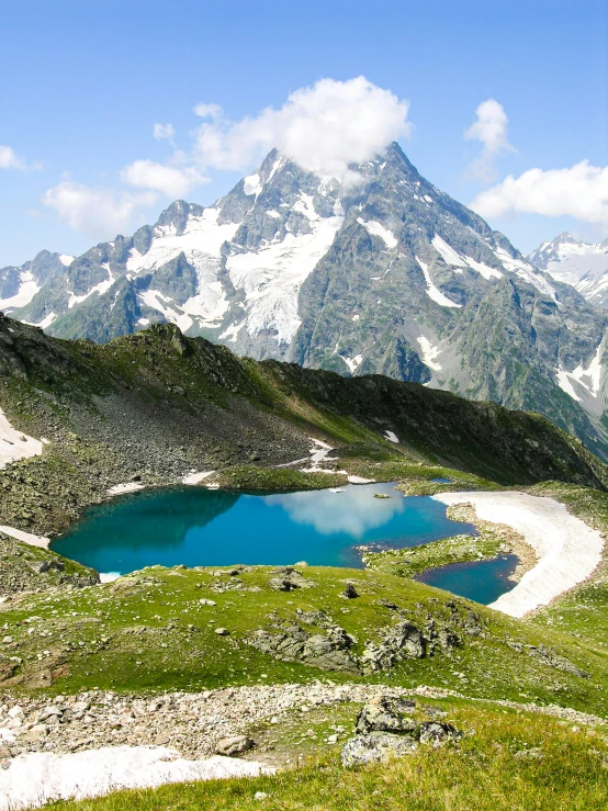 an expansive alpine valley scene with a body of water in front of some mountains