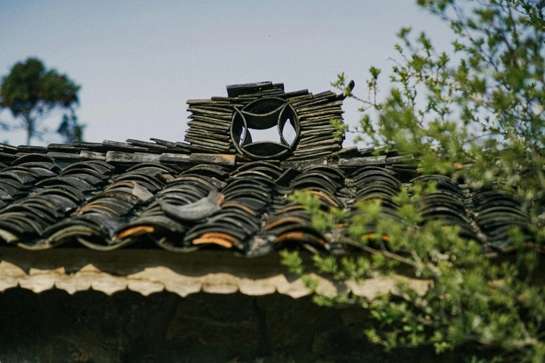 an old roof has many windows and shingles