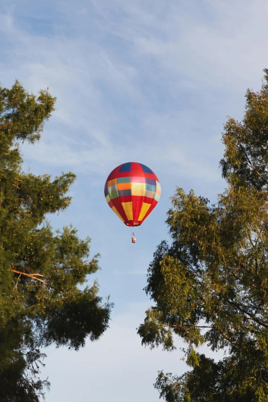 a balloon flying above trees and houses