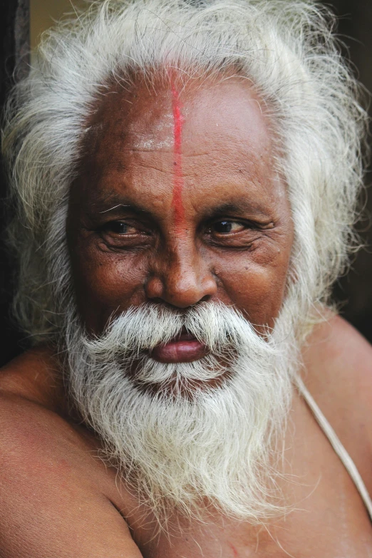 closeup of an indian man with white hair and beard