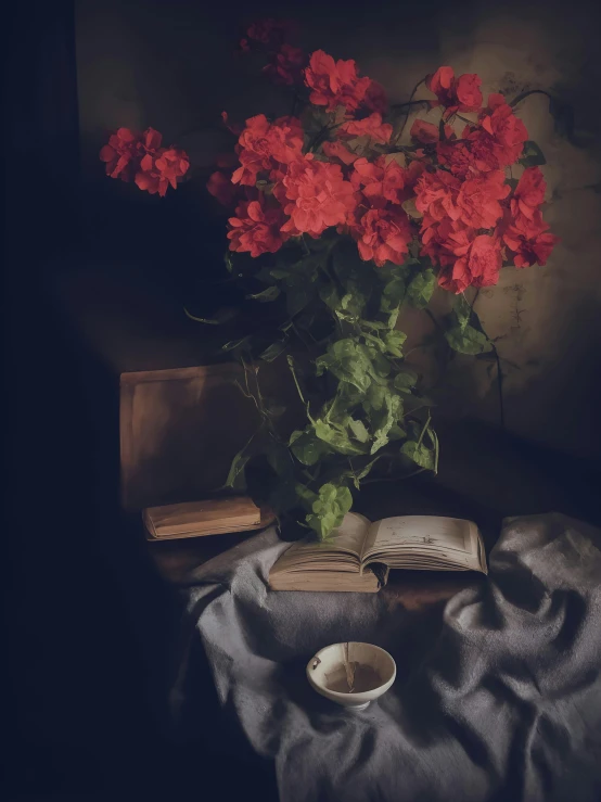 a flower is sitting next to an open book and cup