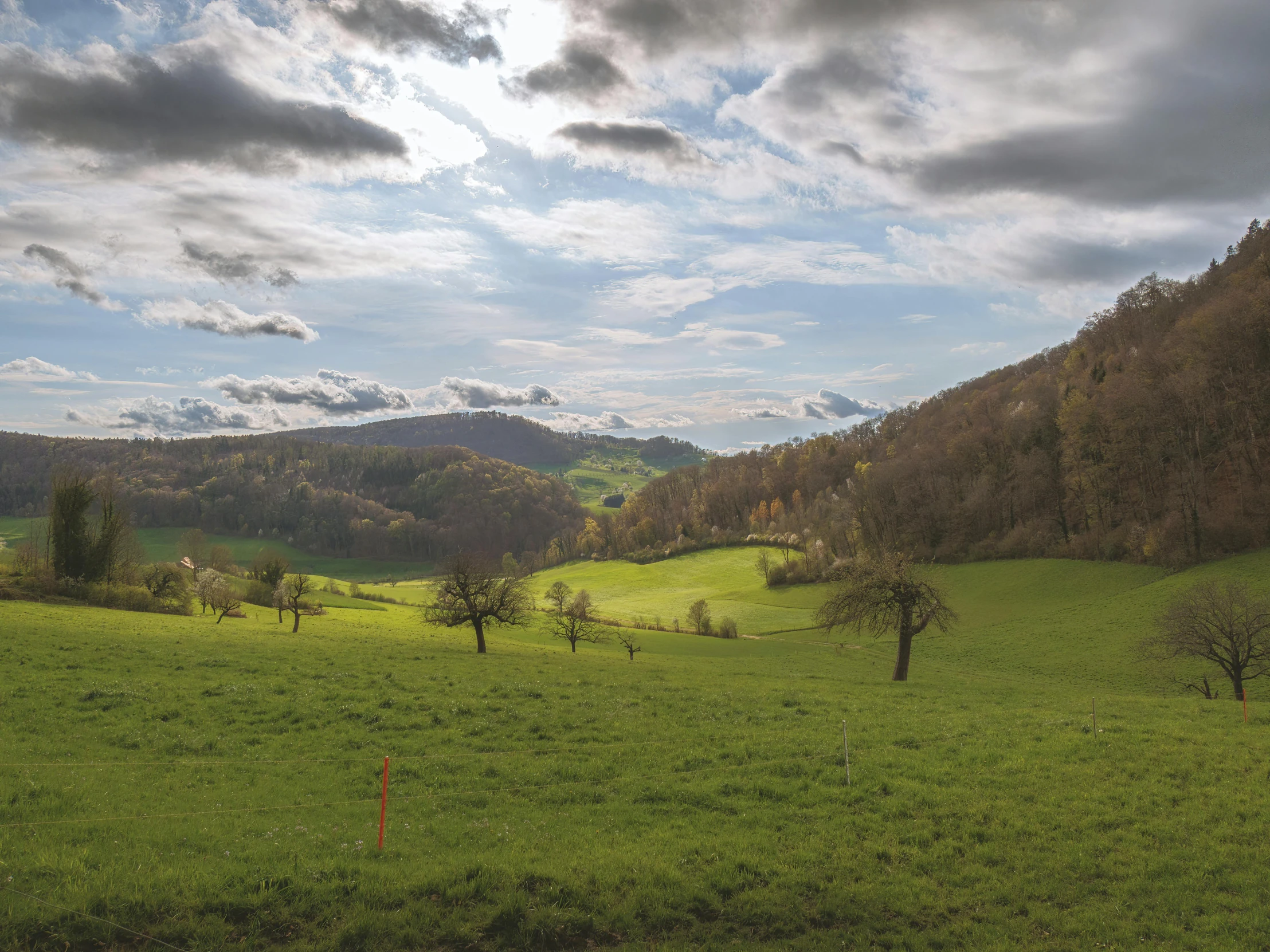 green pasture with mountains in the distance and clouds overhead