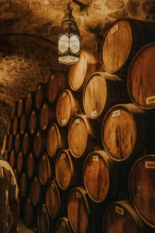 a painting depicting many wooden barrels in an old, rustic setting