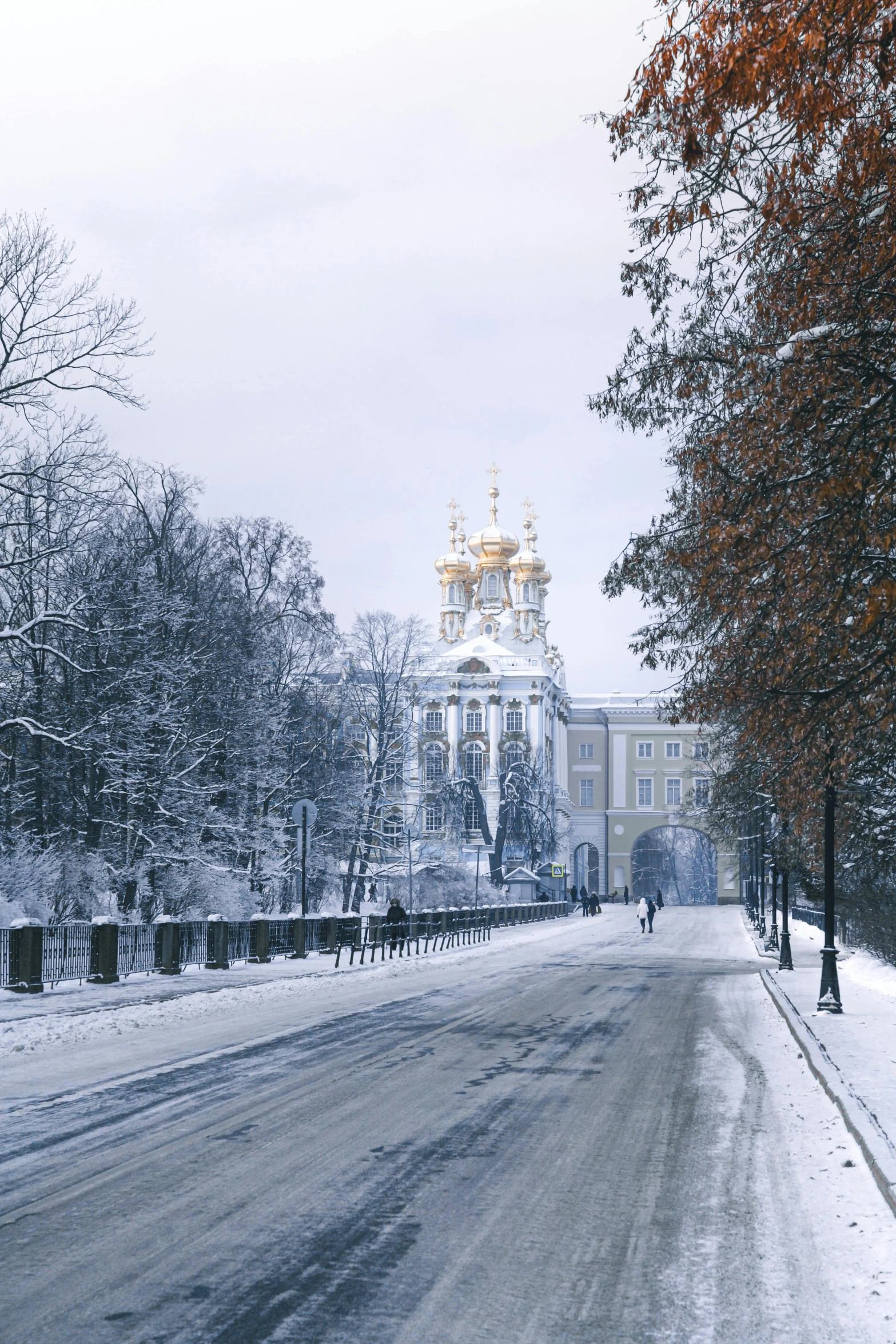 the snow has blanketed the park and a walkway