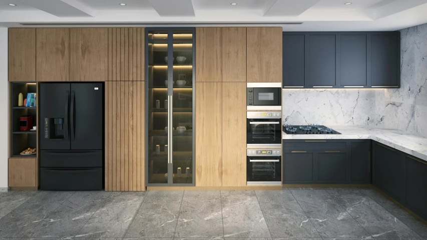 this kitchen is very stylish with modern black and silver accents