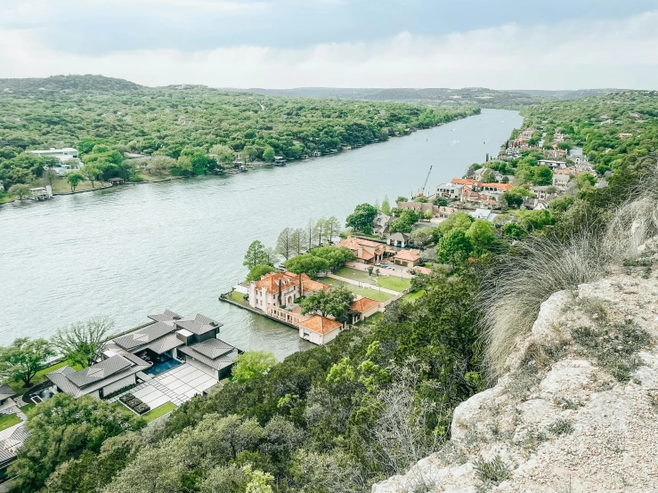 the view from a cliff overlooking a river