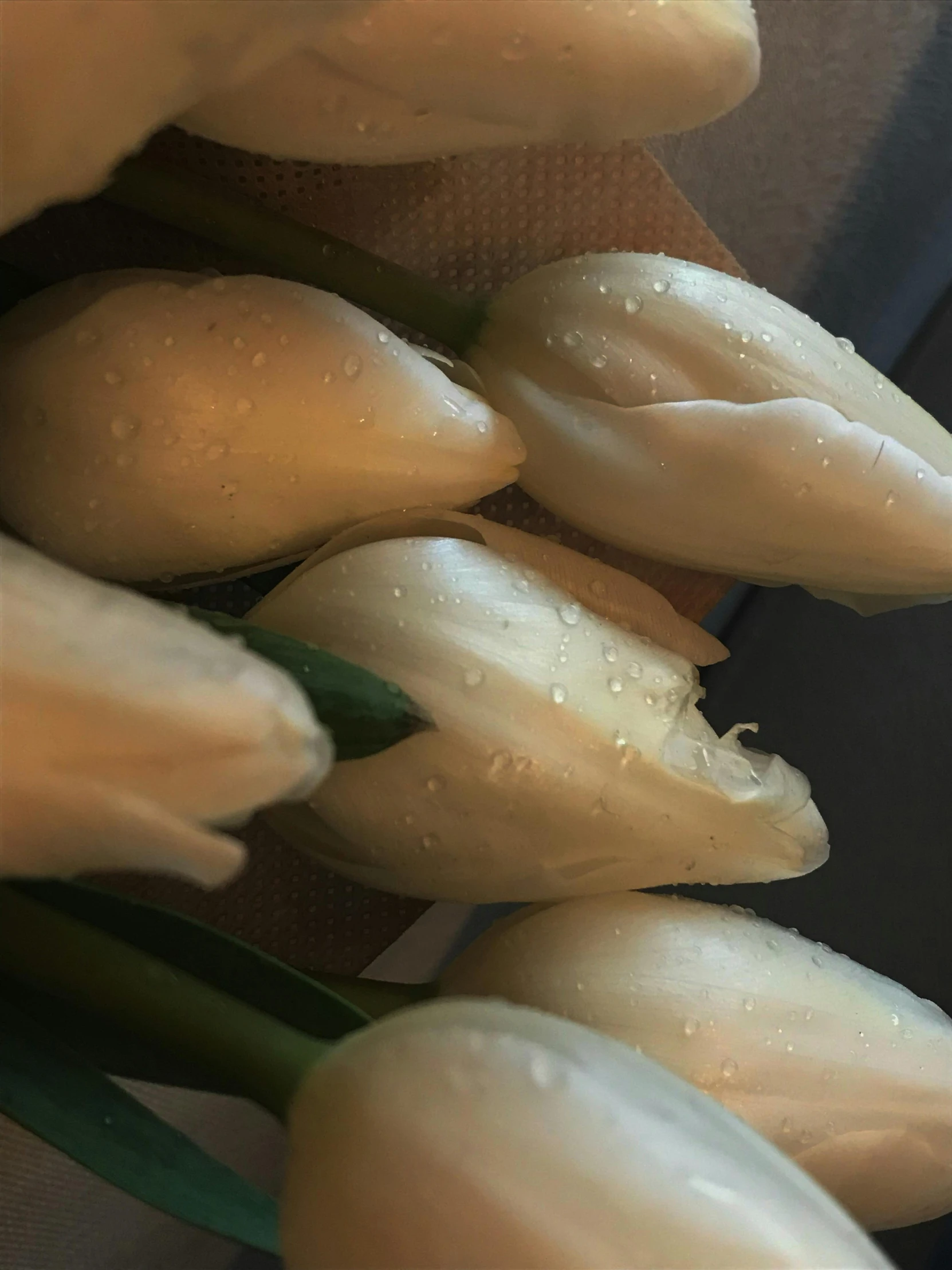 some white flowers sitting on top of a brown mat