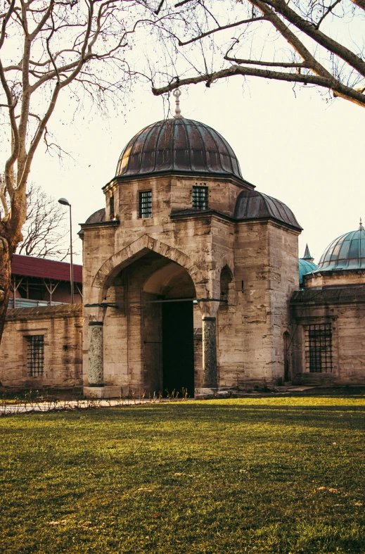 a building with a dome and a gate near a tree