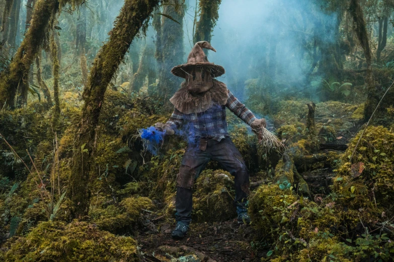 an odd scarecrow standing in the middle of the forest