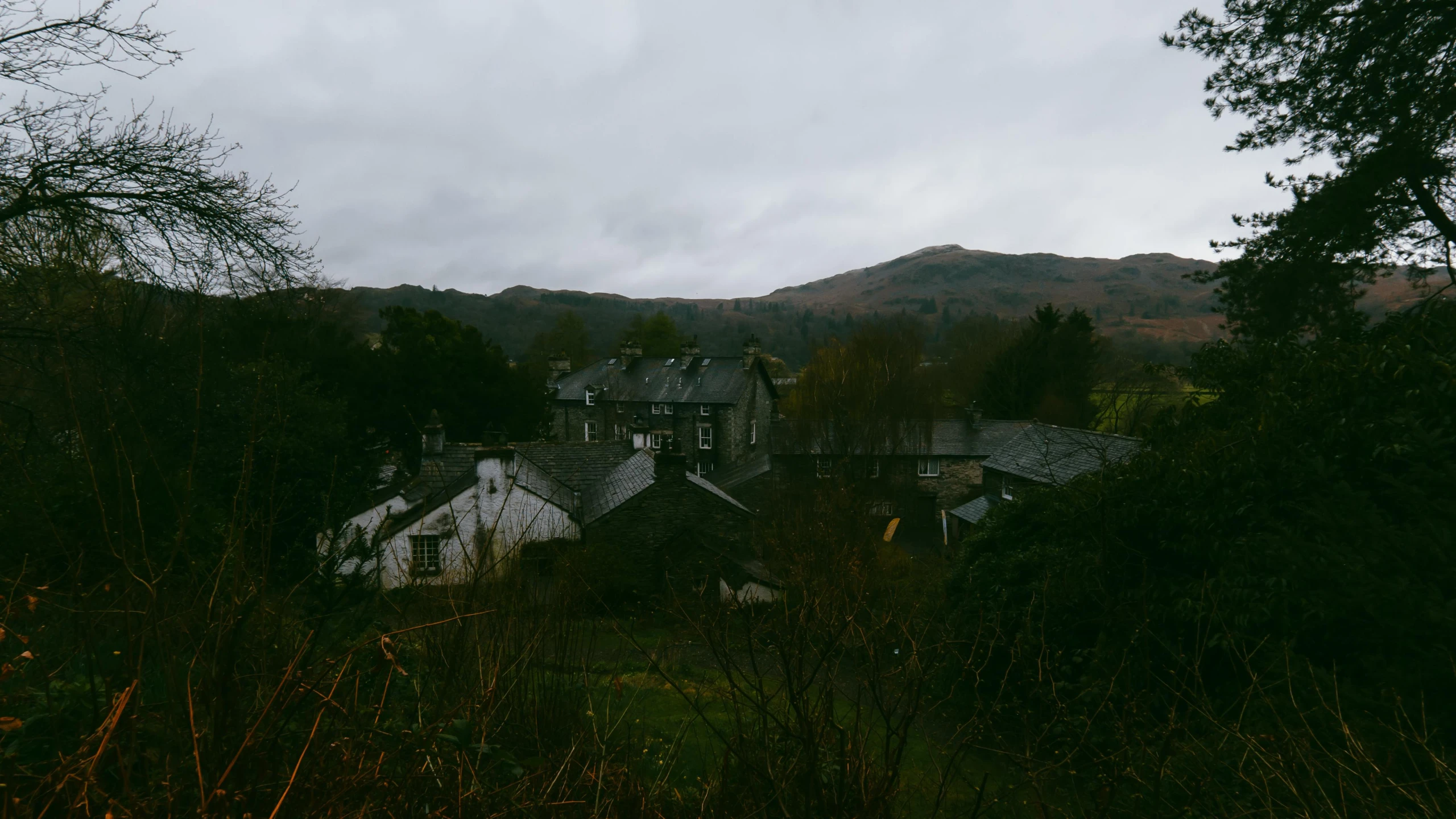 a rural setting with houses and trees