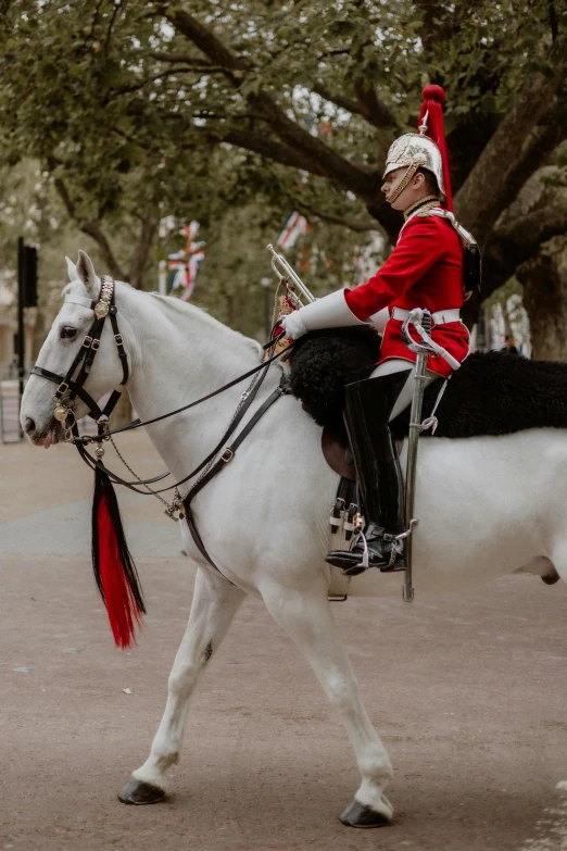 a person in uniform is riding a white horse