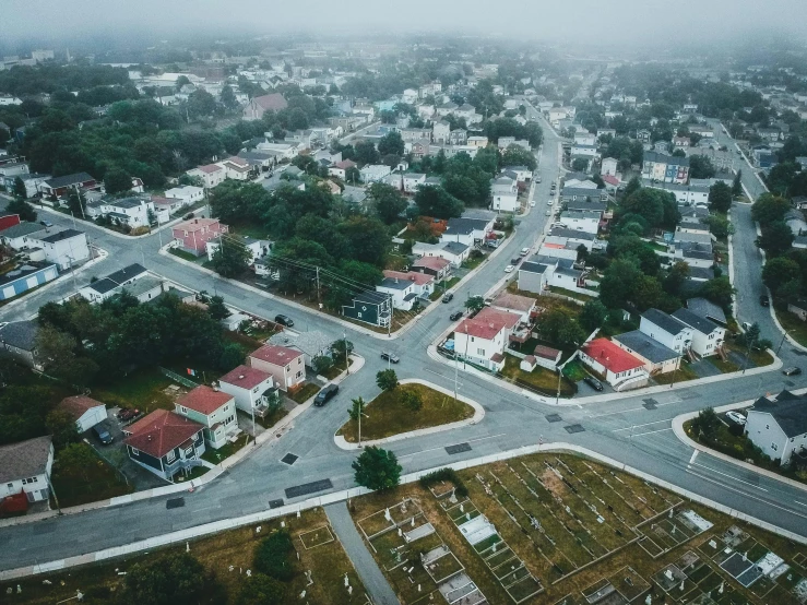 an aerial s of some streets and houses