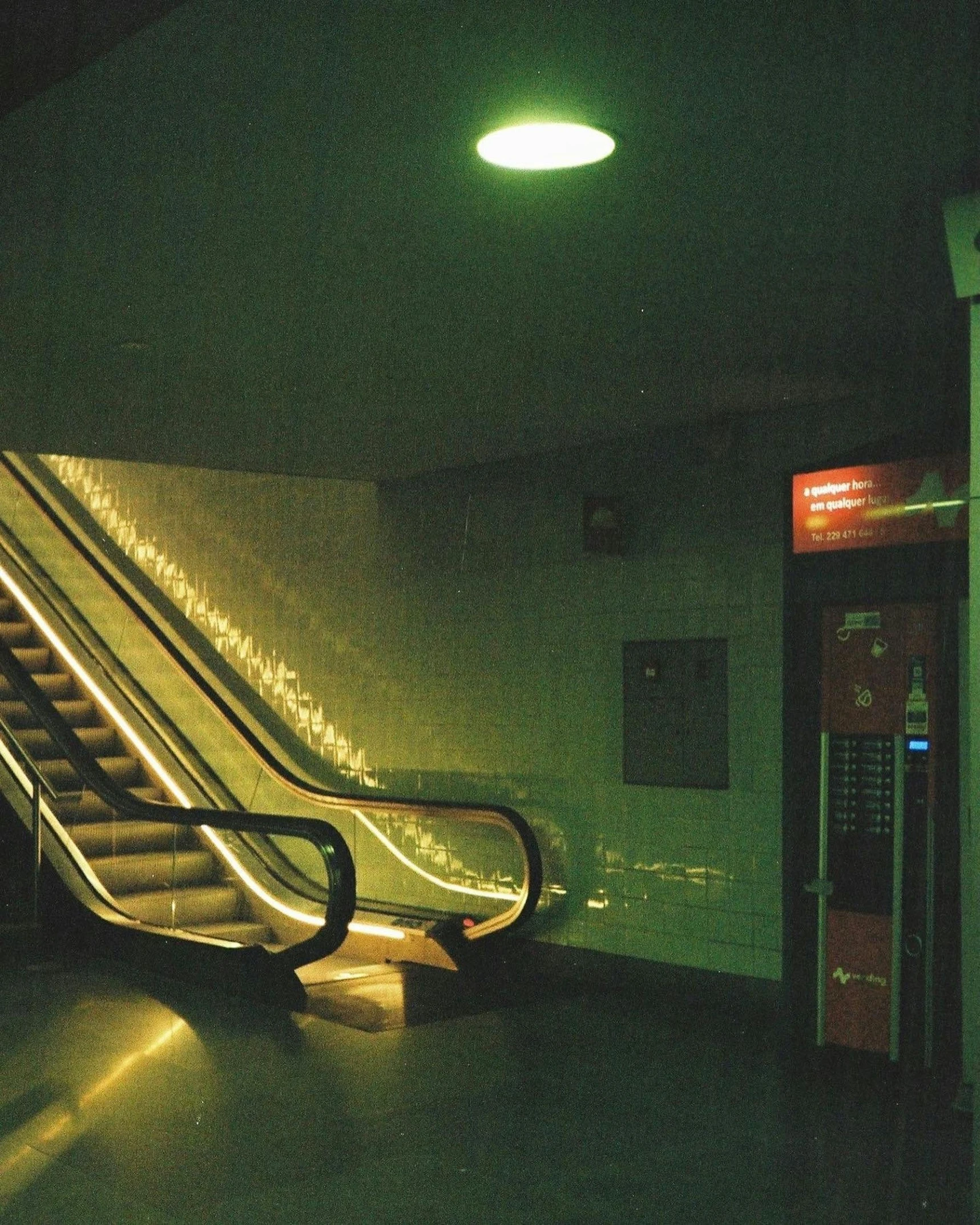 escalator with illuminated lights and wall decor in large room