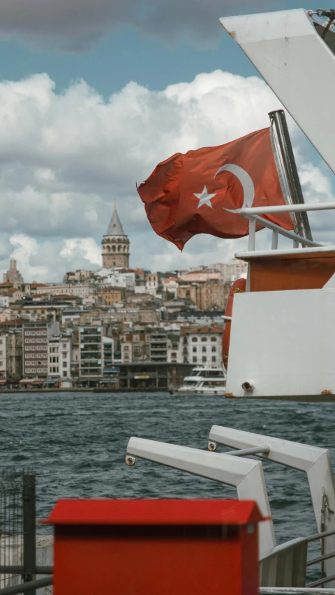 flag hanging on a ship in the water