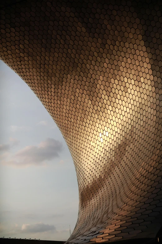 a curved concrete structure with small, circular holes covering the top