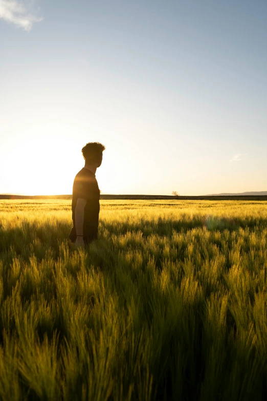 the lone man stands in the middle of a field at sunrise
