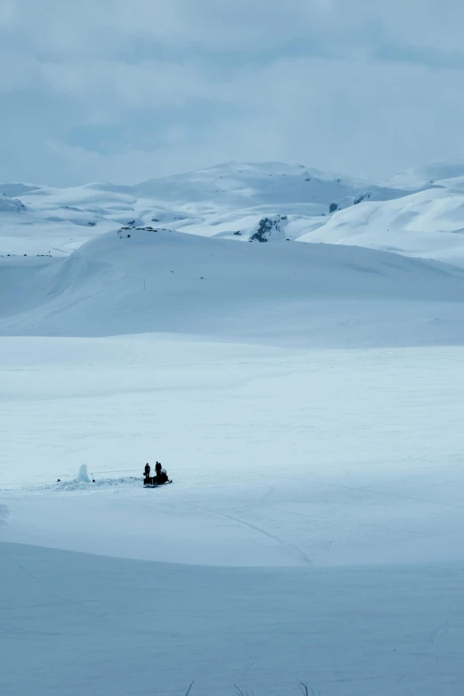 a group of people are riding on a sled through the snow