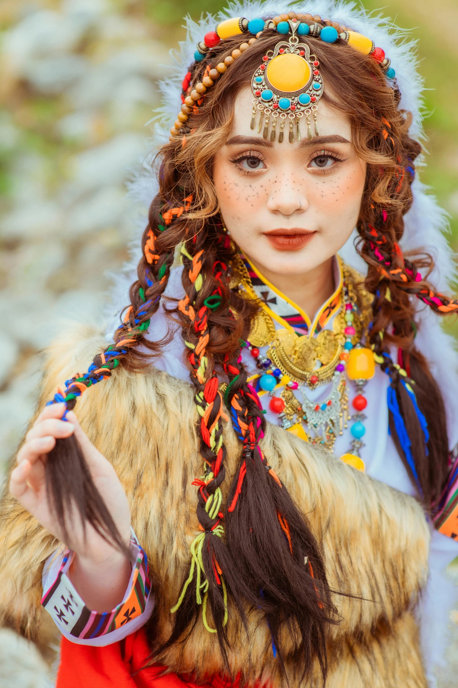 a small child with red hair and a multi - colored scarf